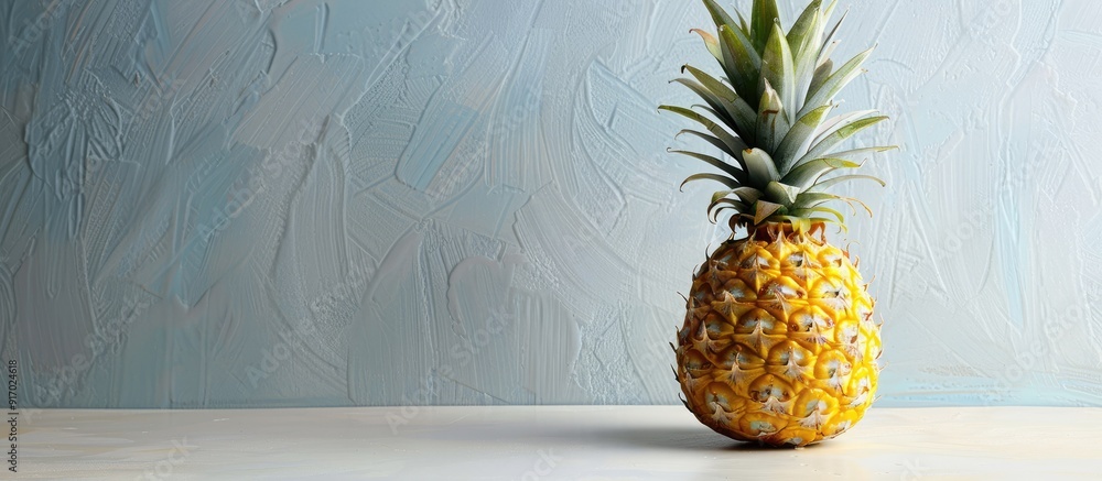 Poster a fresh pineapple from the farm sits on the kitchen counter with copy space image available
