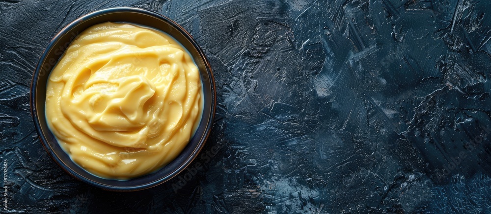 Poster delicious cheese sauce displayed in a bowl with copy space image