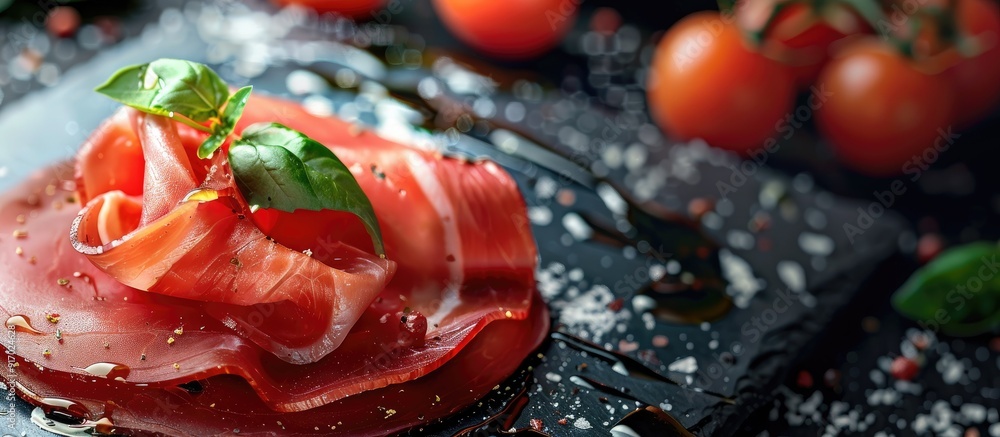 Poster selective focus on italian bresaola and tomato in an appetizer with copy space image