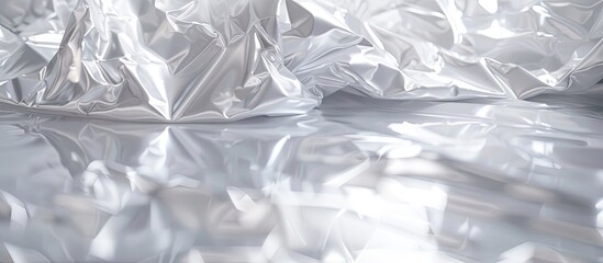 The crumpled white plastic bag film creates a textured background with reflections suitable for retail packaging displaying a rough texture on the floor with copy space image