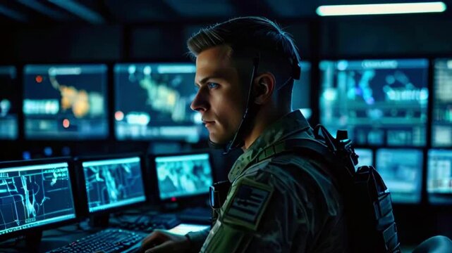 A soldier in a dark room with multiple computer screens, focusing intently on his work, with a serious expression on his face.