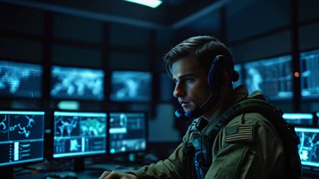 A soldier in a dark room, wearing a headset, looks at a computer screen. There are many computer screens in the background, with blue digital data displayed on them.