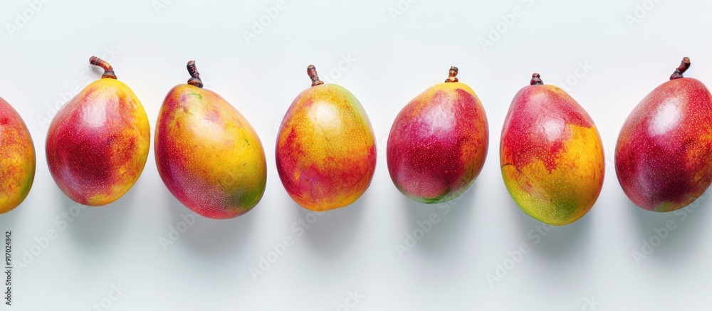 Poster a variety of vibrant red mangoes displayed on a white backdrop with clipping path for a clean and pr