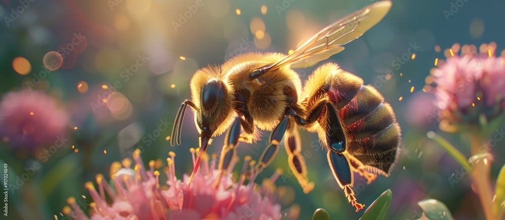 Poster a bee is gathering nectar from a flower with artistic noise in the background making it ideal for a 