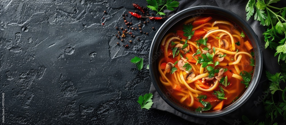 Poster vegetable noodle soup served with stir fried ingredients and a rich broth in a well composed arrange