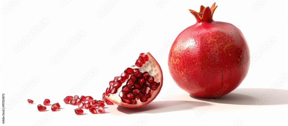 Poster a pomegranate showcasing the entire fruit a piece and seeds isolated against a white background leav
