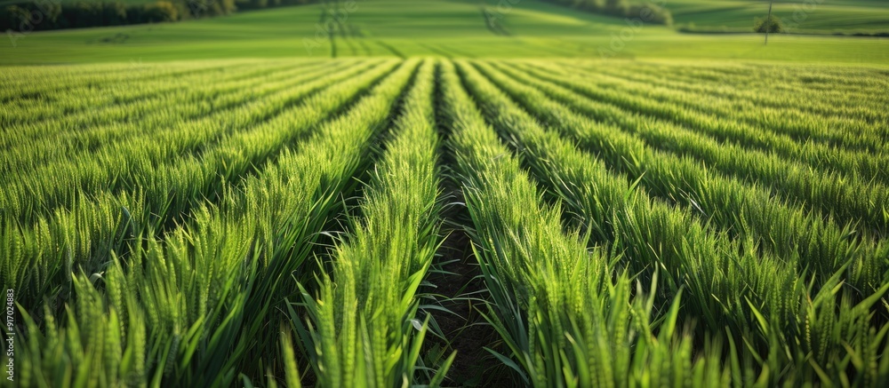 Poster wheat field with rows of vibrant green seedlings adorning the landscape ideal for copy space image