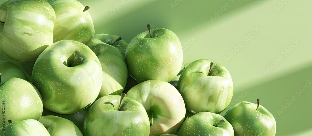 Poster pile of delicious ripe green apples with copy space image