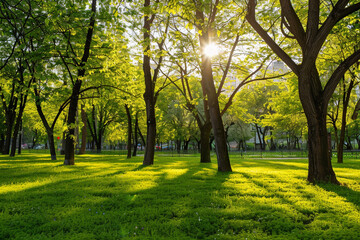 Sun rays through green trees in a city park. AI Generation.