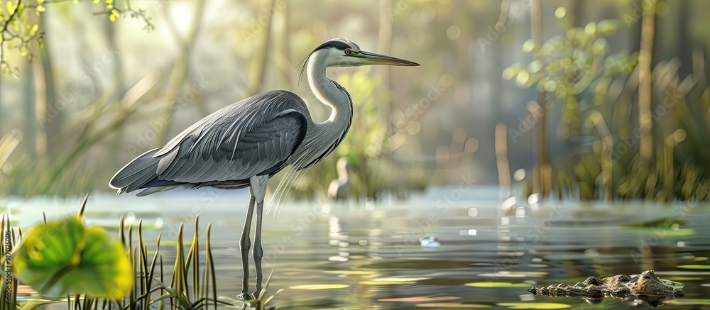 Poster ardea cinerea a gray heron standing majestically in a peaceful swamp setting with a serene backdrop 