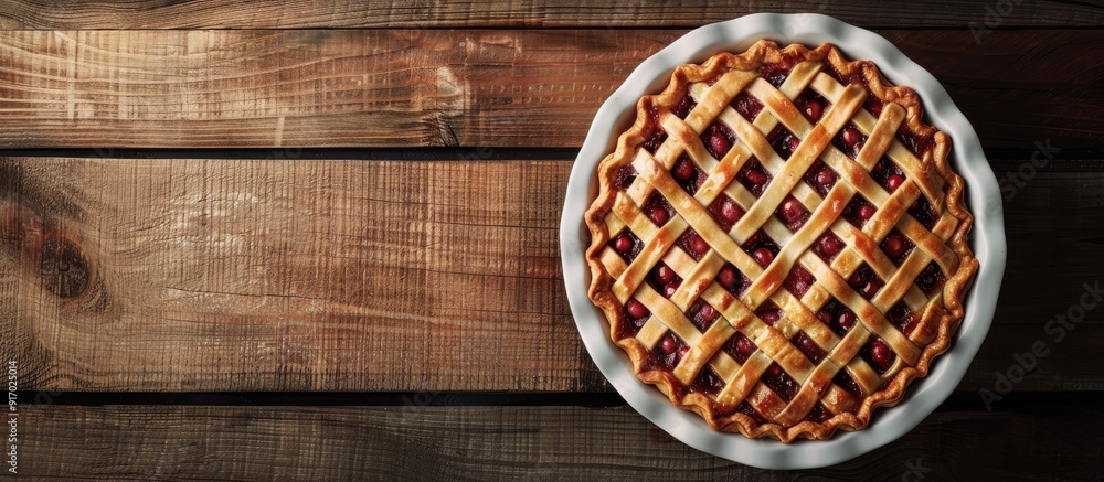 Poster pie displayed on a wooden table in a white dish with copy space image