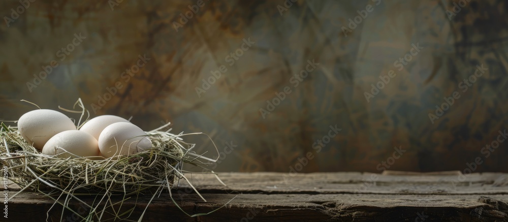 Poster Wooden background with straw nests and a copy space image of eggs