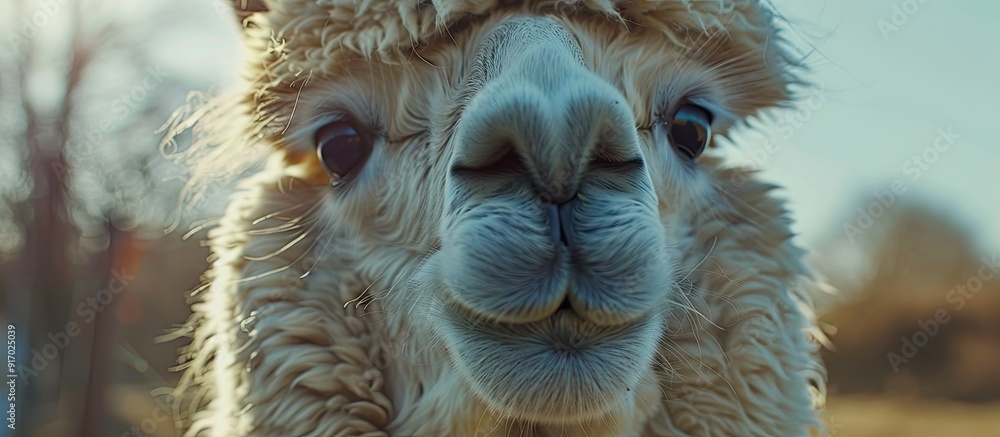 Poster Close up image of an alpaca s face in an outdoor setting with copy space image