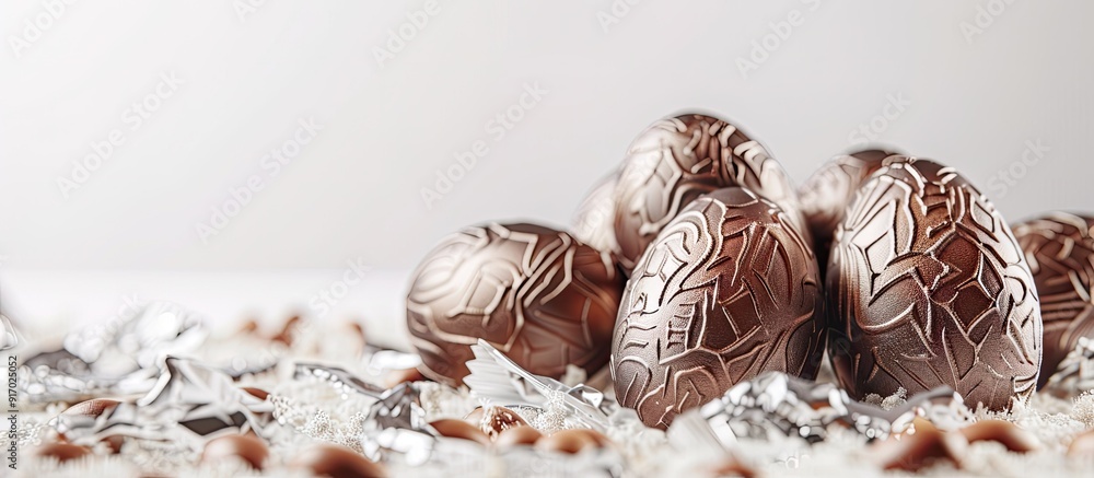 Poster Chocolate eggs in foil showcased against a white backdrop with room for text or other content within the image known as copy space image
