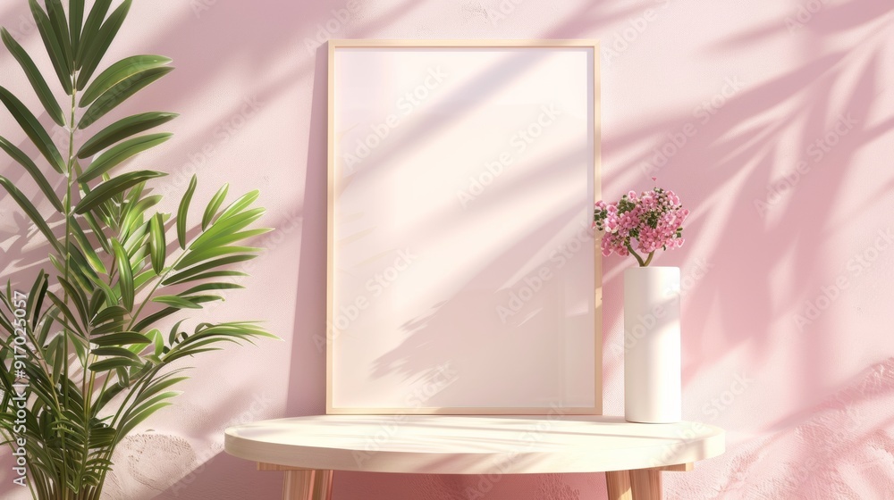 Poster blank picture frame with cylinder podium abstract geomatrictblank picture frame with cylinder podium