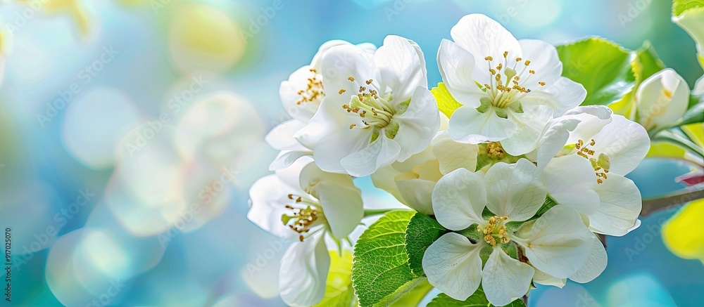 Poster white apple blossom flower in close up on apple tree branches against a blue sky background with sel