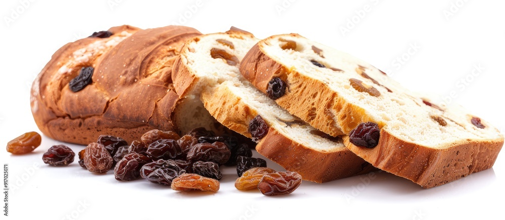 Poster isolated on a white background a bread with raisins and walnuts showcasing deliciousness in a copy s