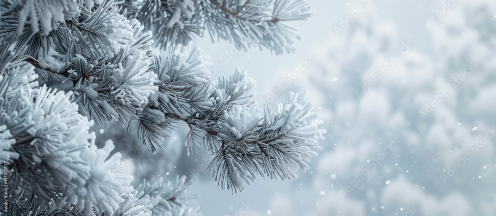 Poster Snow covered tree branches adorned with thick layers of snow in a focused copy space image providing a serene wallpaper with a textured background