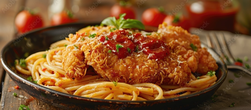 Poster A delicious serving of crispy fried chicken parmesan on top of pasta displayed in a setting with copy space image