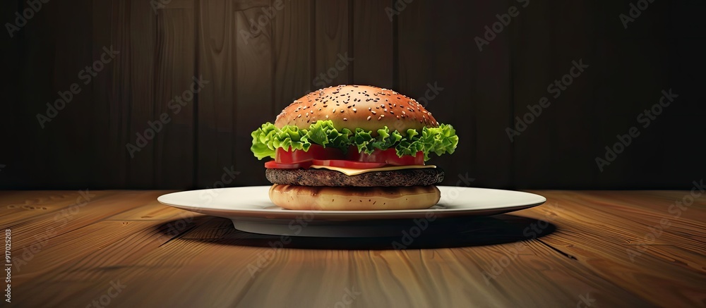 Poster lunch with a hamburger on a plate displaying copy space image