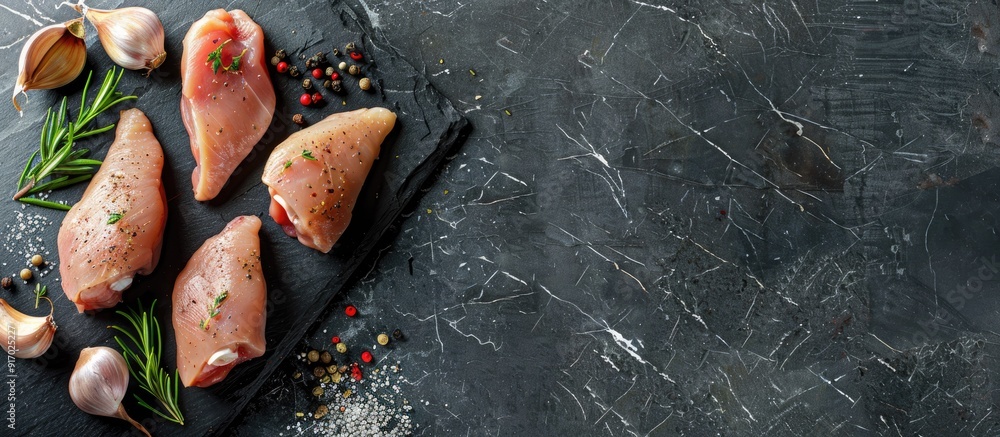 Poster chicken breasts on a stone surface with copy space image