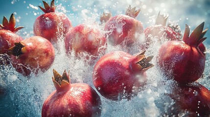Explosive Splash of Fresh Pomegranate Juice in Mid-Air, Photorealistic Detail of Vibrant Red Pomegranates Bursting with Water Spray on a Bright Clean Background,