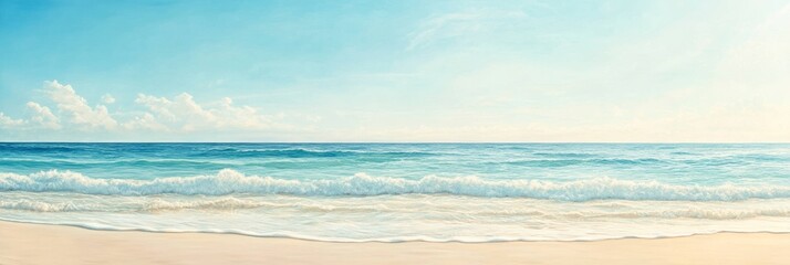 A peaceful beach scene with gentle waves, soft sand, and a sunlit sky, capturing the essence of a relaxing summer day by the sea
