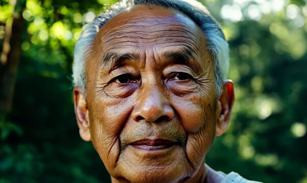 Medium shot portrait video of a Vietnamese man in his 80s against a forest background