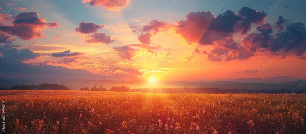 Poster sunrise landscape with dramatic sky colors in summer providing a striking nature background for crea