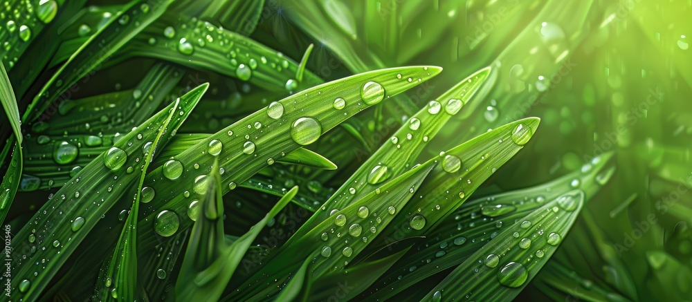 Poster Green grass background with water drops creating a refreshing and artistically appealing image with copy space