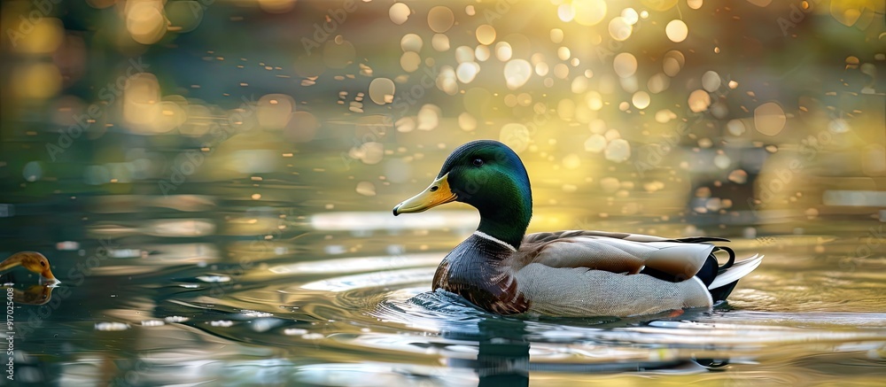 Poster A duck is swimming gracefully in the pond creating a serene scenery with a peaceful backdrop of nature in this copy space image