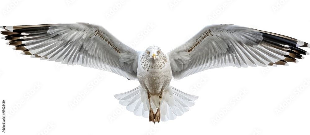 Poster a seagull soars gracefully showcasing its wings in a wide span against a clear sky in the copy space