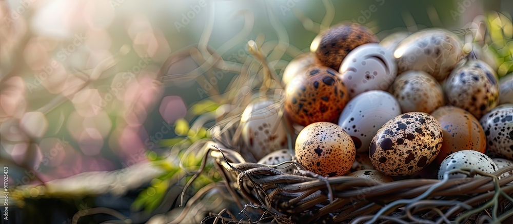 Poster A striking arrangement of quail eggs showcasing a captivating display with copy space image
