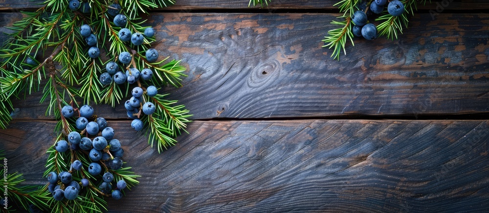 Poster wooden background with juniper berries offering copy space image