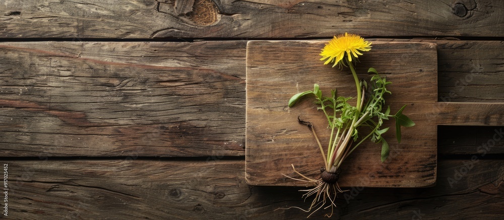 Aufkleber a dandelion plant placed on a wooden cutting board with copy space image including the root