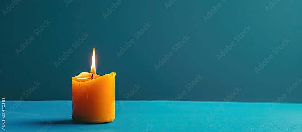 Poster close up of burning candle on blue backdrop with copy space image