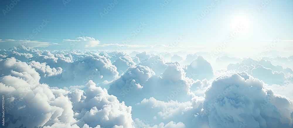 Poster an aerial perspective revealing fluffy clouds during a bright day with a clear sky providing ample c