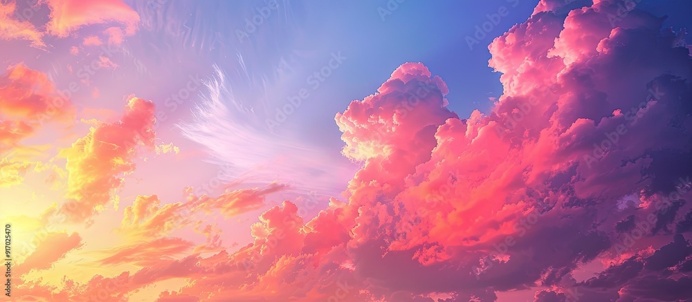 Poster Vibrant red sunrise with colorful clouds in the sky creating a picturesque scene against the backdrop perfect for a copy space image