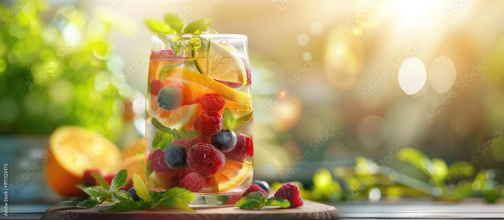 Poster refreshing detox water with a mix of fresh summer fruits like berries and citrus perfect for a light