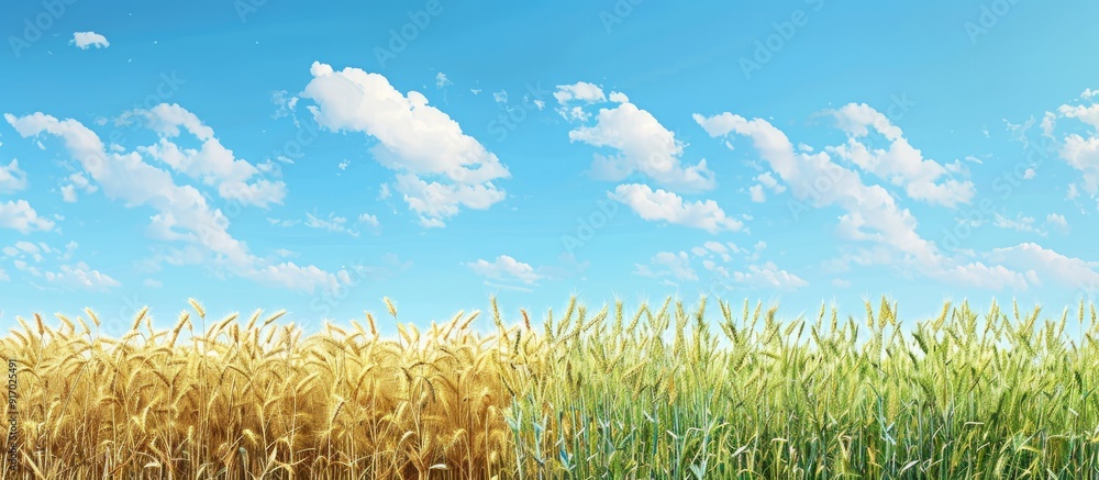 Poster A rural landscape showing a mix of wheat and barley plants in different growth stages in a farm field under a bright blue sky ideal for adding text or elements in the clear area for a copy space image