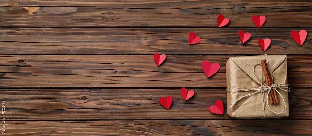 Poster a rustic wooden surface featuring a charming arrangement of a gift box accompanied by paper hearts c