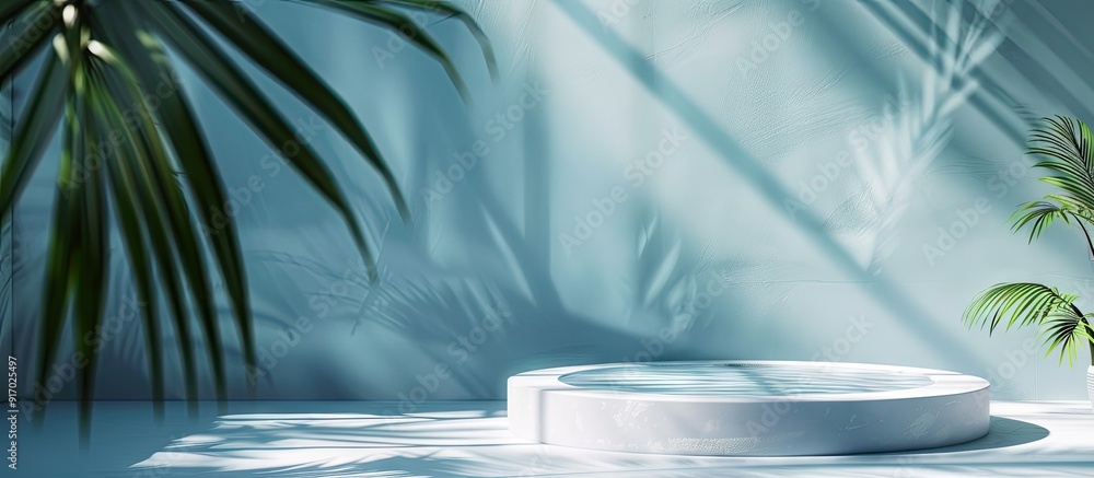 Poster Studio sets a tranquil scene with a blue wall background light shining on delicate palm leaves a podium and a winter cosmetic theme with a water shelf bar and copy space image