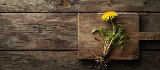 Fototapeta premium A dandelion plant placed on a wooden cutting board with copy space image including the root