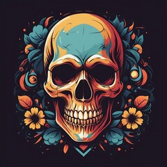 Fototapeta premium Human skull and flowers on a black background, Day of the dead, Red rose and skull illustration. Generative AI