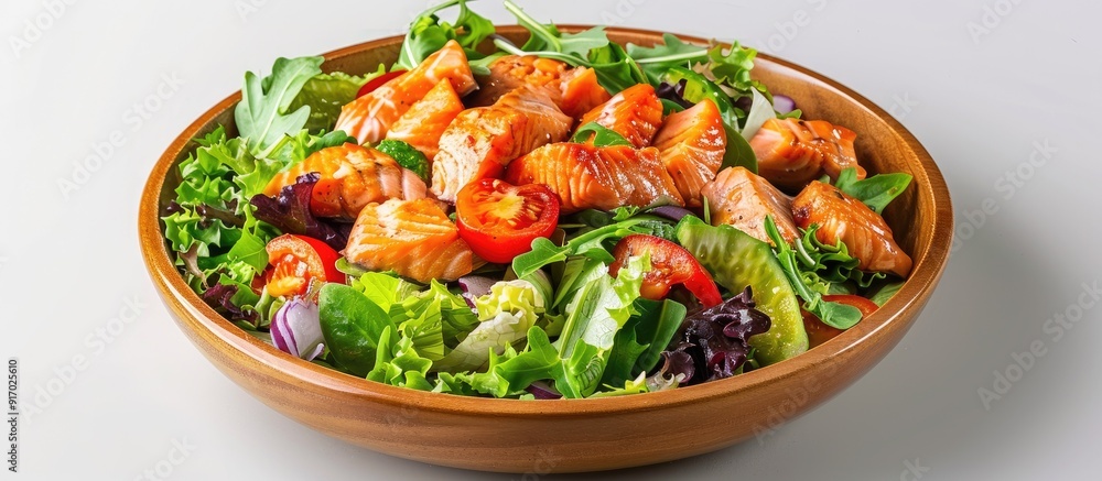 Poster healthy lifestyle depicted in a fresh salad presentation with double fried salmon shown in a visuall