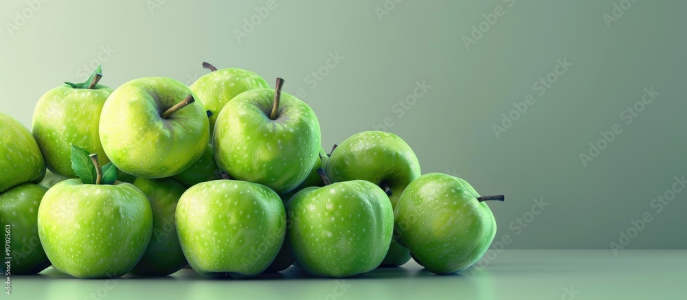 Poster pile of delicious ripe green apples with copy space image