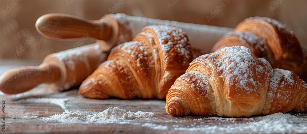 Aufkleber The handmade croissant preparation process featuring raw croissants and a rolling pin on a table with flour ideal for a copy space image