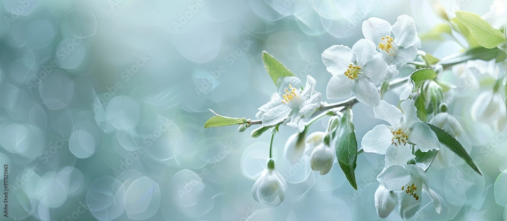Aufkleber Nature presents a delicate branch of white jasmine spring flowers against a serene background with ample copy space image for text