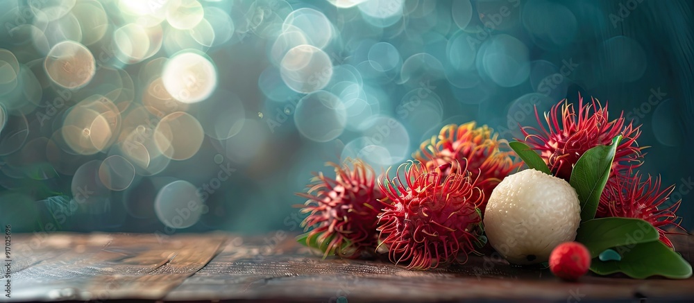 Aufkleber Exotic rambutan fruit displayed on a wooden surface with a background ideal for adding additional content like a copy space image