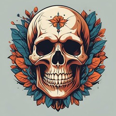 Fototapeta premium Human skull and flowers on a black background, Day of the dead, Red rose and skull illustration. Generative AI